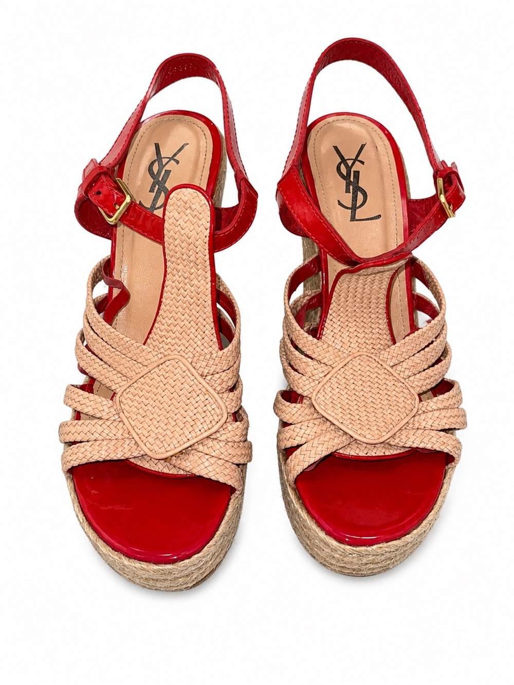 Saint Laurent Red Patent & Beige Woven Espadrille Wedges